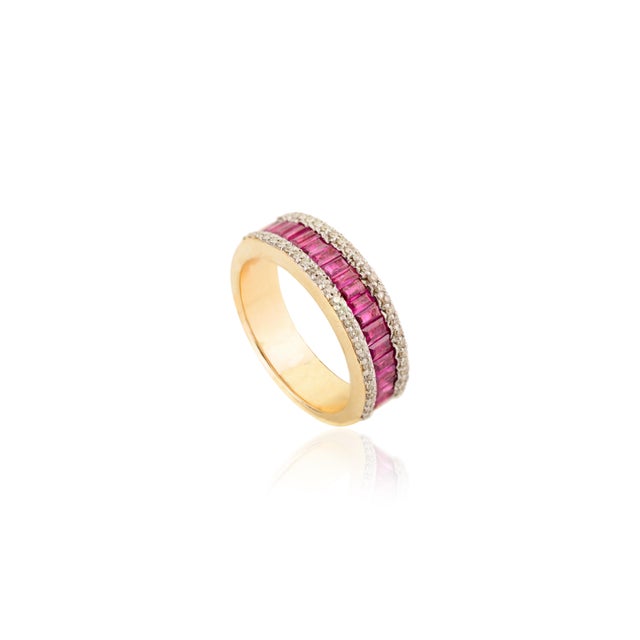 Art Nouveau 14k Gold Baguette Cut Ruby Diamond Band for Women in Size 6.5 For Sale - Image 3 of 11