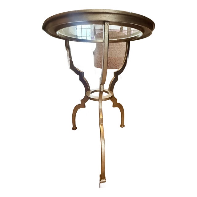 Ethan Allen Attributed Glass Top Accent Table in Champagne Gold For Sale