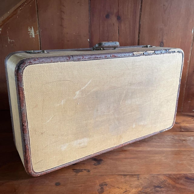 Art Deco Viintage Suitcase Brown Woven Tweed and Leather Trim For Sale - Image 3 of 10
