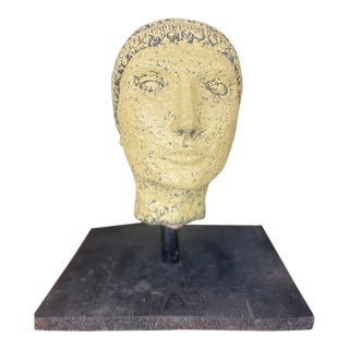 Textured Vintage Papier-Mâché Head Sculpture With Hand-Painted Detailing on Custom Stand.. For Sale
