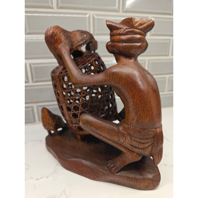 1950s Large 8.5" Mid-Century Balinese Teak Cockfighter With Tripple-Rooster Openwork Cage Masterwork For Sale - Image 5 of 12