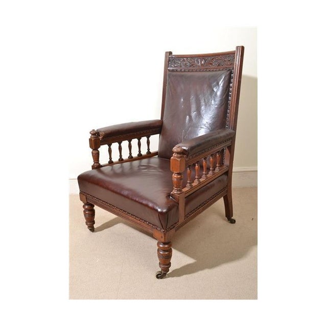 Antique English Lounge Chairs Walnut and Leather, 1800s, Set of 2 For Sale - Image 5 of 18