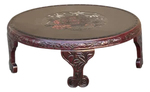 Vintage Brick Red Relief Carving Round Wood Low Kang Coffee Table