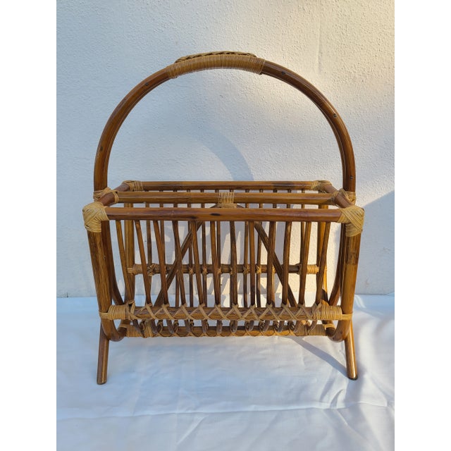 Vintage Bamboo Rattan Magazine Rack For Sale - Image 4 of 11