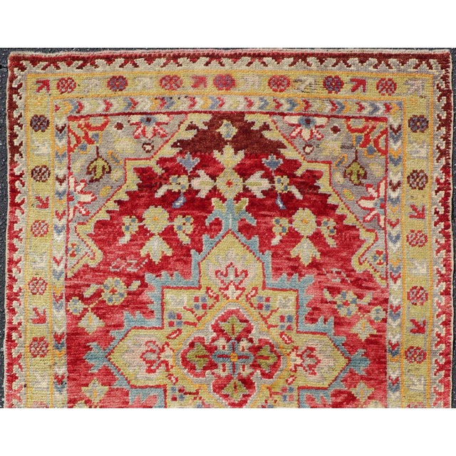 Antique Turkish Oushak Medallion Rug in Red, Lime Green, Gray & Light Blue. Central Medallion Antique Turkish Oushak Rug...