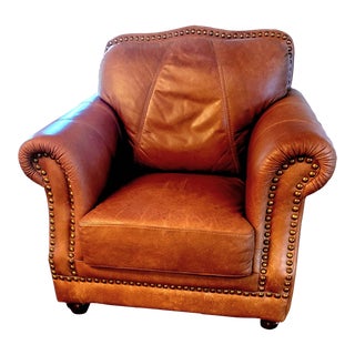 Late 20th Century Camelback Studded Top Grain Leather Oversized Club Chair For Sale