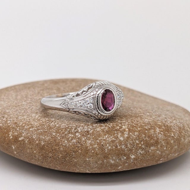 Vintage Inspired Ruby Ring w Earth Mined Diamonds in Solid 14K White Gold OV 5x4 For Sale In Columbus - Image 6 of 10