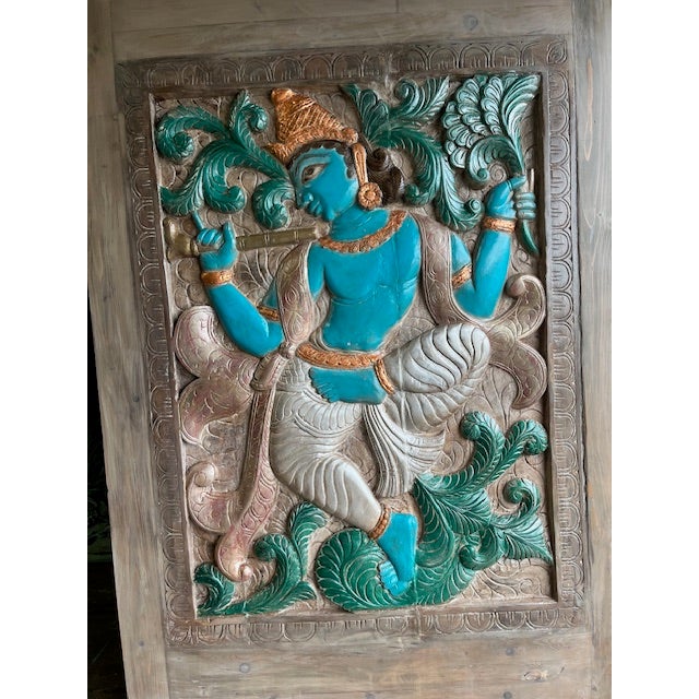 1920s Vintage Indian Carved Barn Door, Blue Krishna Wall Sculpture, Temple Wall Art 78.5 For Sale - Image 5 of 7