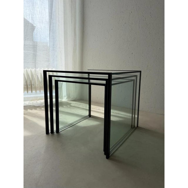 Postmodernist Nesting Tables Glass Black Metal, 1980s, Set of 3 For Sale - Image 4 of 12
