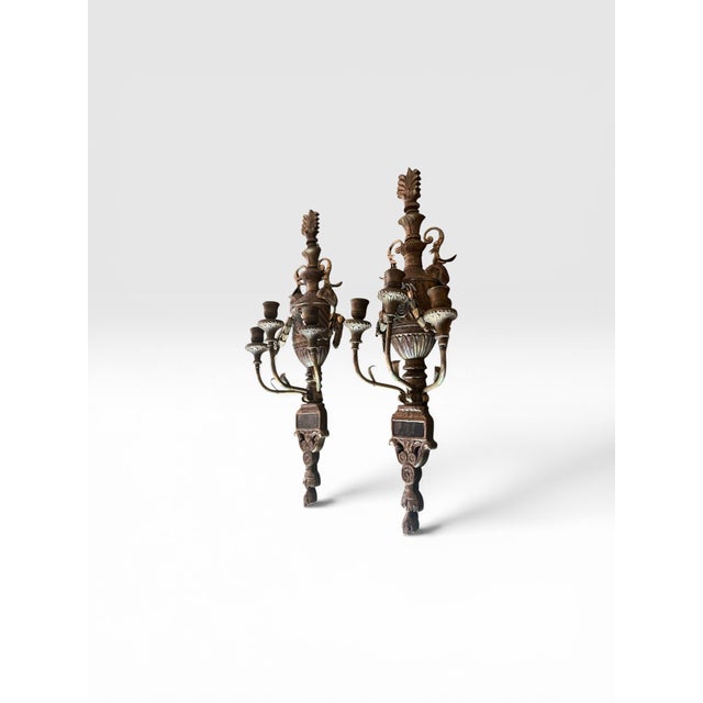 Rococo 1960s Pair of Monumental 31” Italian Rococo Revival Carved Wood & Metal Wall Sconces For Sale - Image 3 of 12