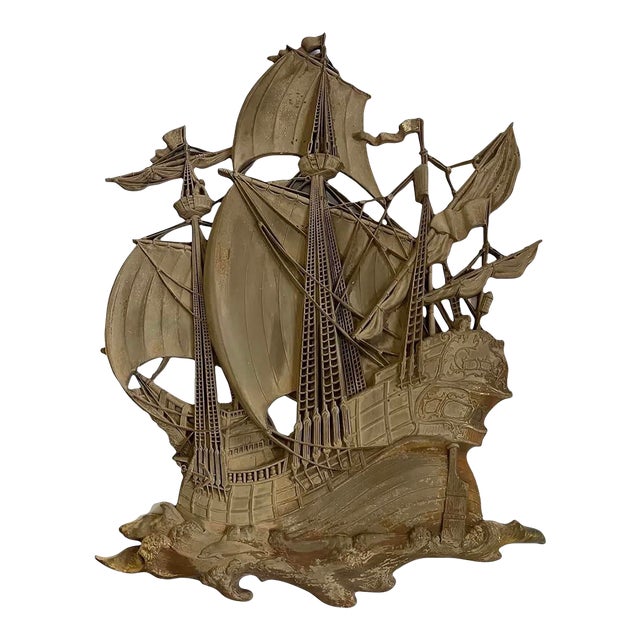 Large 1968 Brass Spanish Galleon Wall Sculpture by Dart Industries – Mid Century Nautical Ship Wall Art For Sale