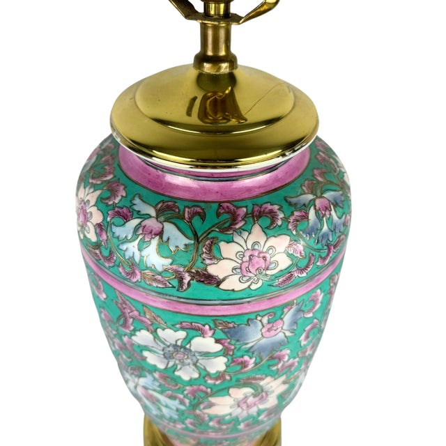 Vintage Asian Turquoise Floral Chinoiserie Hand Painted Ceramic Table Lamp For Sale - Image 4 of 9