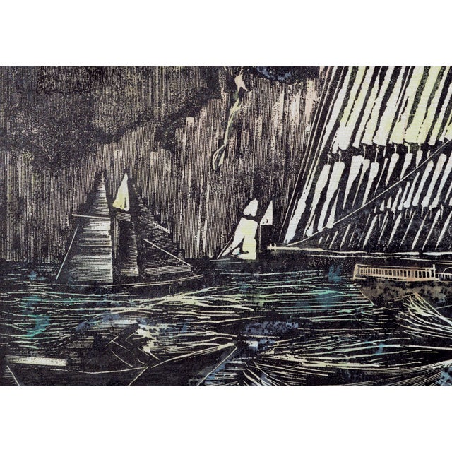 "Schooner + Doryman" First Edition Hand-Colored Woodblock Print by Byron Randall For Sale - Image 4 of 7