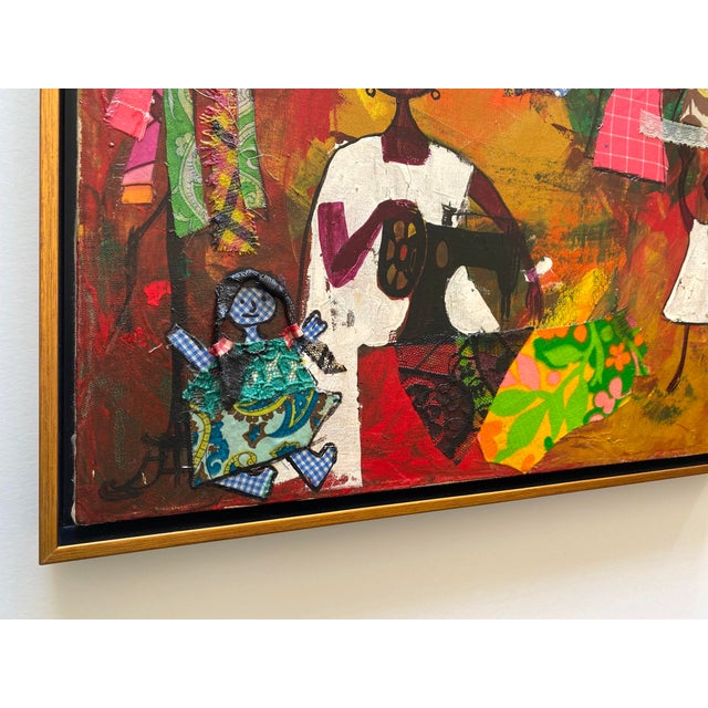 Wood Alizandro Valencia Manzo Vintage Mexican Mid Century Modern " Costurera " Framed Signed Original Mixed Media Painting For Sale - Image 7 of 12