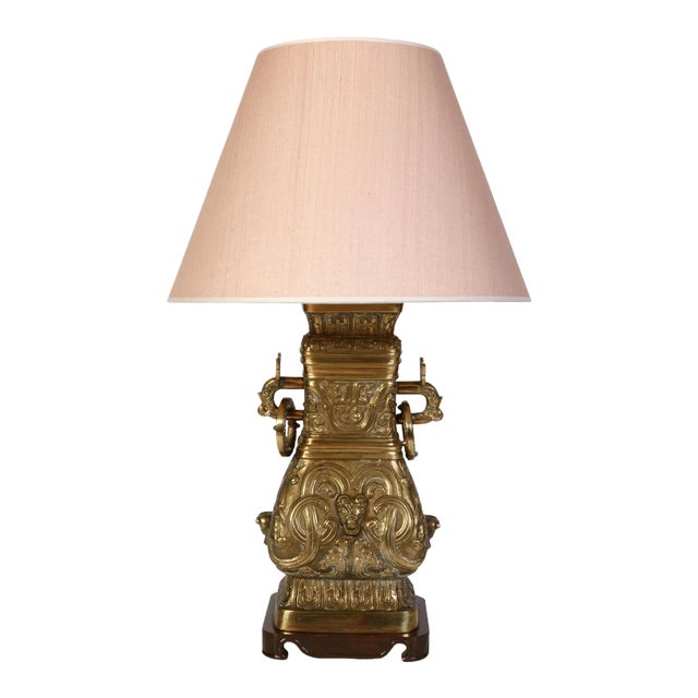 Large Antique Bronze Asian Lamp With Raised Detail For Sale