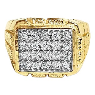 Diamond Cluster Ring with Brick Patterned Band 1.00cttw 14k Yellow Gold, Size 3 For Sale