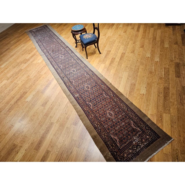Persian Antique Persian Serab Camel Hair Runner Rug, Hand-Knotted Wool, Allover Geometric Pattern, Red & Blue, 3x20 For Sale - Image 3 of 15