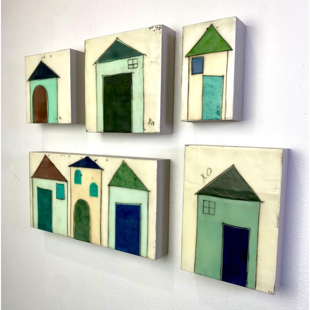 Wood Encaustic Collage Installation by Gina Cochran "Tiny Dwellings" Series - Seaside - Set of 5 For Sale - Image 7 of 7