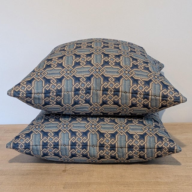 Transitional Clarence House Vietri Blue on Linen Pillows- Double Sided Pair For Sale - Image 3 of 9