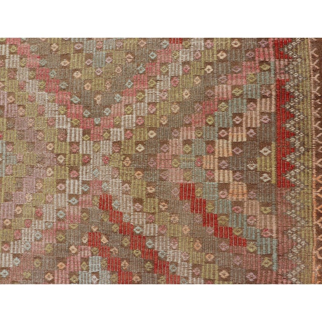 Large Vintage Turkish Kilim Rug With Coral, Gold, Sage Diamond Pattern For Sale - Image 12 of 14
