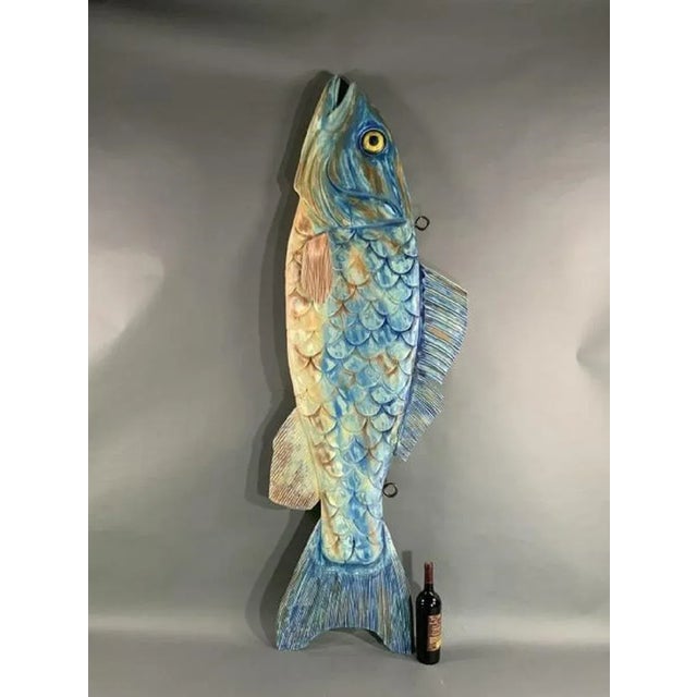 Figurative Six Foot Carved Wood Fish For Sale - Image 3 of 7