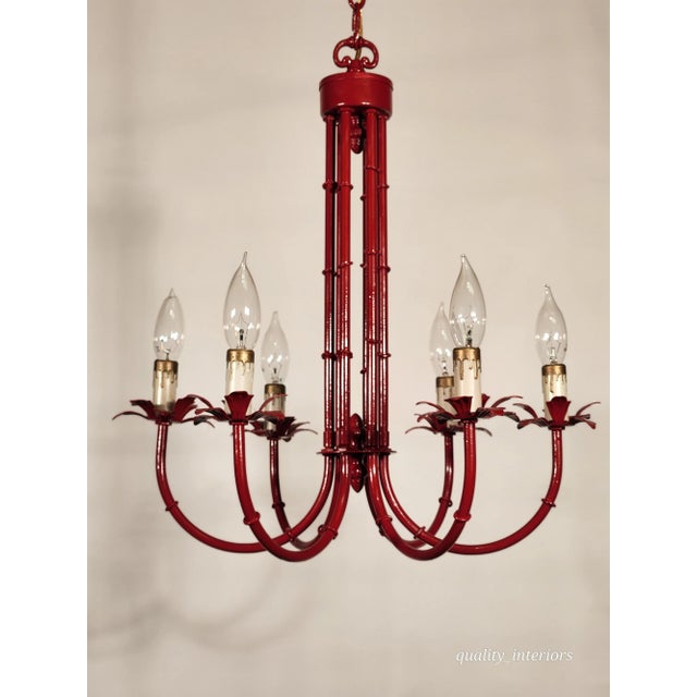 Vintage Faux Bamboo Pagoda Hollywood Regency Birdcage 6 Light Chandelier For Sale - Image 12 of 12