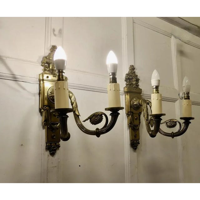 Neo Classical Large Brass Twin Wall Lights, 1890s, Set of 2 For Sale - Image 4 of 12