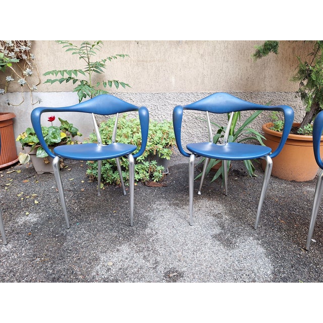 Vintage Armchairs in Aluminum and Blue Foam Material by Ferdinand Alexander Porsche for Ycami Edizioni, 1980s, Set of 4 For Sale - Image 11 of 13