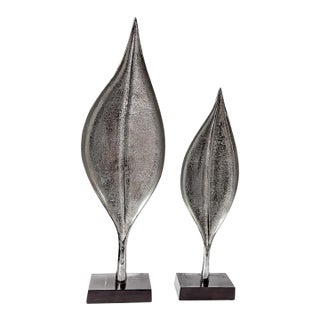 Pair of Tall Contemporary Decorative Polished Silver Metal Leaf Sculptures For Sale