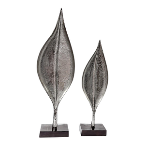 Pair of Tall Contemporary Decorative Polished Silver Metal Leaf Sculptures