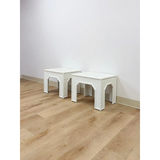 Traditional Vintage Side Tables White Painted Parquet Faux Bamboo Regency Pair Accent Tables For Sale - Image 3 of 10