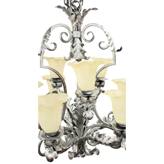 Art Deco Mid 20th Century French Art Deco 9-Light Hand-Forged Wrought Iron Acanthus Chandelier For Sale - Image 3 of 18