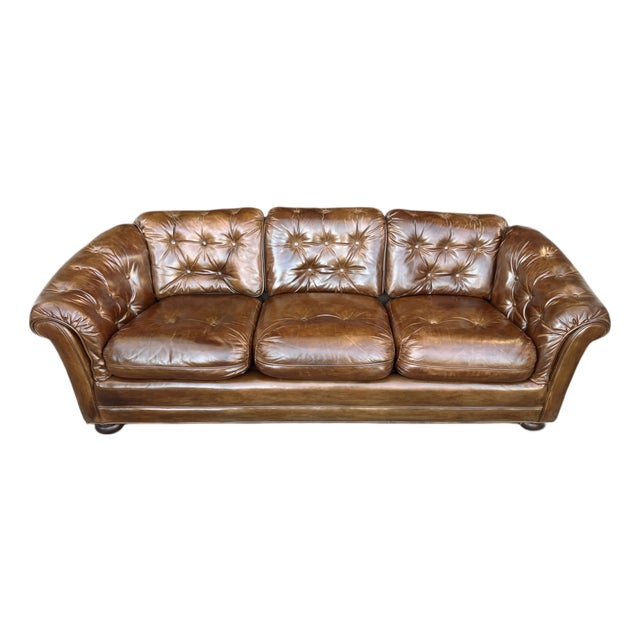 Vintage Chesterfield-Style Cognac Brown Leather Sofa With Button Tufting and Rolled Arms For Sale