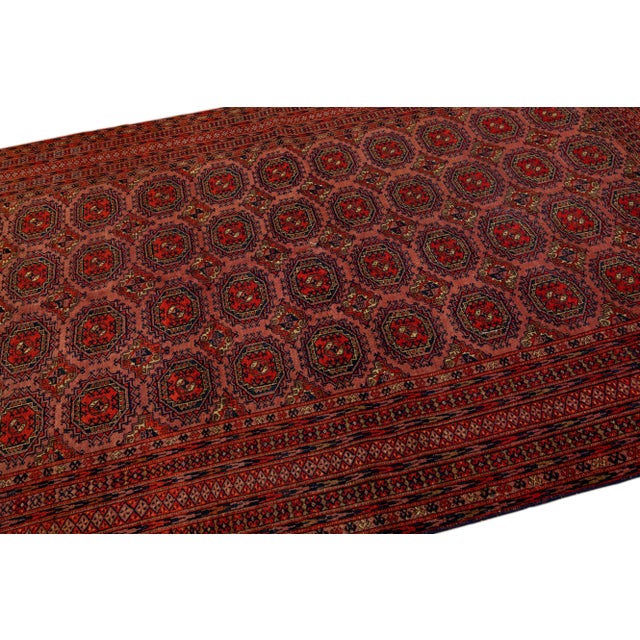 1950s Vintage Turkmen Handmade Geometric Persian Wool Rug With Terracotta Color For Sale - Image 5 of 9