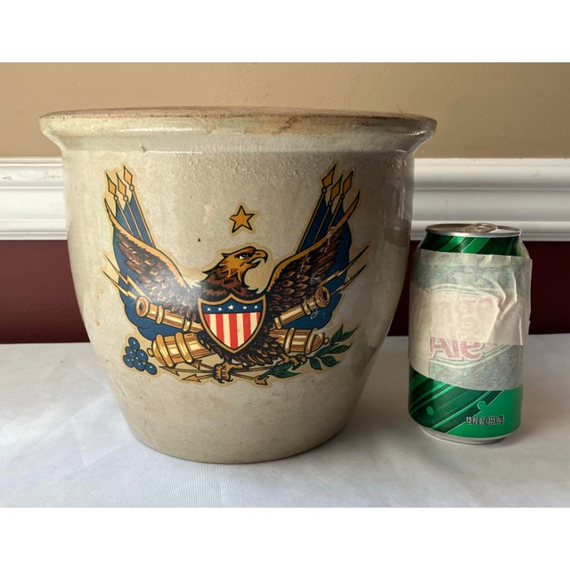 Antique Stone Ware Crock With Early Us Federal Patriotic Eagle and Canons Flag For Sale - Image 4 of 11