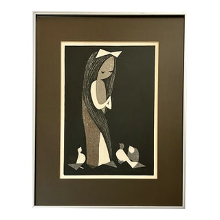 Mid Century Kaoru Kawano "Doves and Girl" Monochrome Woodblock Print - Pencil Cursive Signed For Sale