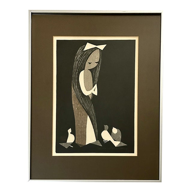 Mid Century Kaoru Kawano "Doves and Girl" Monochrome Woodblock Print - Pencil Cursive Signed For Sale