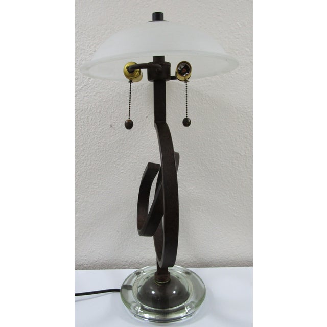 Brutalist 1990s Curled Iron Thick Glass Base Dual Table Lamp With Alabaster Shade For Sale - Image 3 of 10