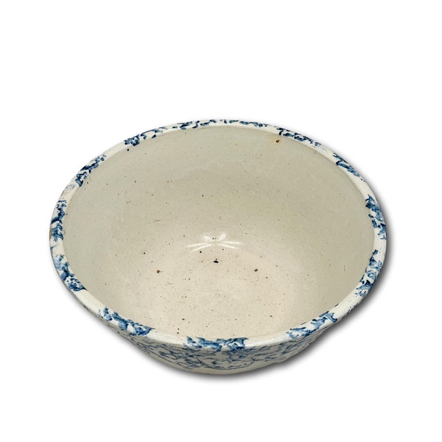 Beautiful Large 12 Inch Size Antique American Blue Spongeware Decorated Stoneware Kitchen Mixing Bowl - 1890s For Sale - Image 18 of 18