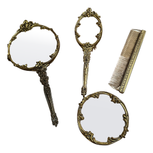 Vintage 1950s Hollywood Regency Floral Motif Gold Gilt 4 Piece Vanity Dresser Set
