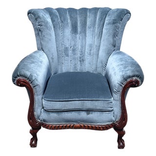 Vintage Tufted Wingback Lounge Chair With Carved Mahogany Frame For Sale