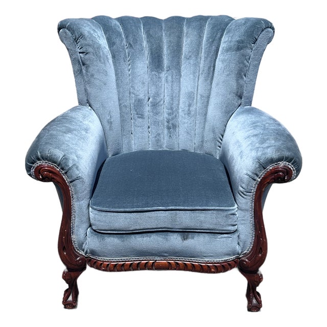Vintage Tufted Wingback Lounge Chair With Carved Mahogany Frame For Sale