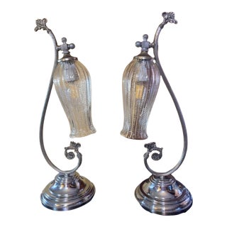 Set of Two Neoclassical Style Table Lamps With Drop Glass Shades in Silver and Chrome, 1950s For Sale