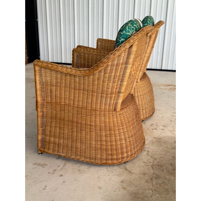 Traditional 1980’s Coastal Regency Wicker Draped Upholstered Lounge Chairs-Pair For Sale - Image 3 of 12