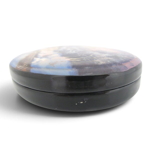 Paper Russian Fedoskino Hand Painted Winter Suzdal Lacquer Mother of Pearl Box Signed For Sale - Image 7 of 10