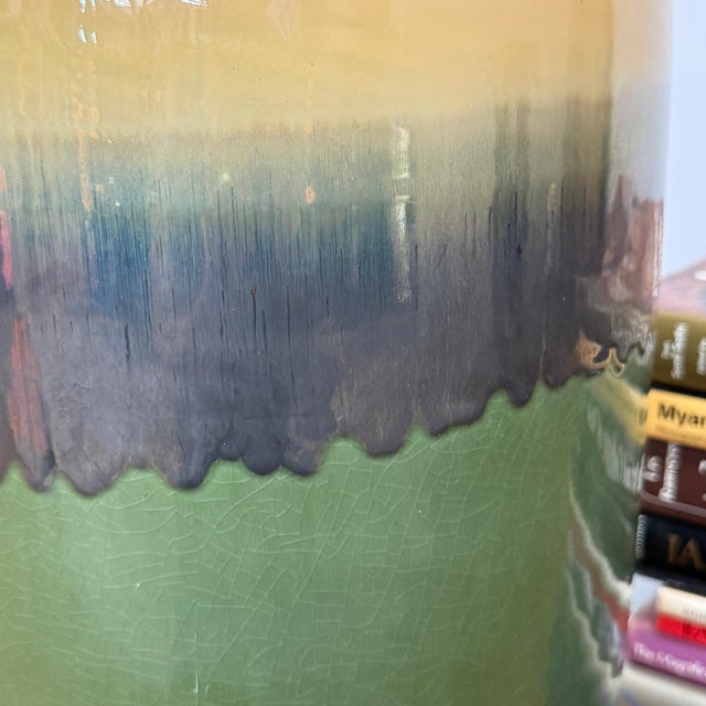 Tall Green Vase with Mustard Top and Charcoal Glaze Band For Sale In New York - Image 6 of 9