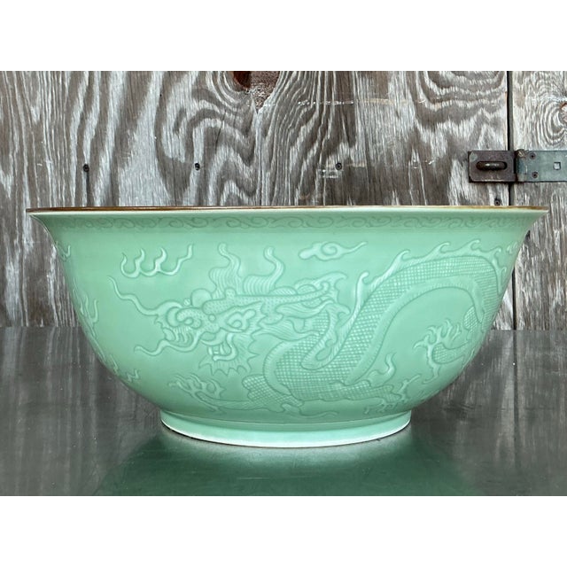 Vintage Asian Dragon Relief Celadon Bowl For Sale - Image 10 of 10