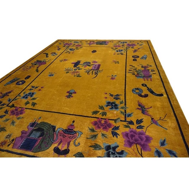 Textile 1920s Bold Yellow Floral Modernist Antique Chinese Art Deco Knotted Rug Carpet For Sale - Image 7 of 9