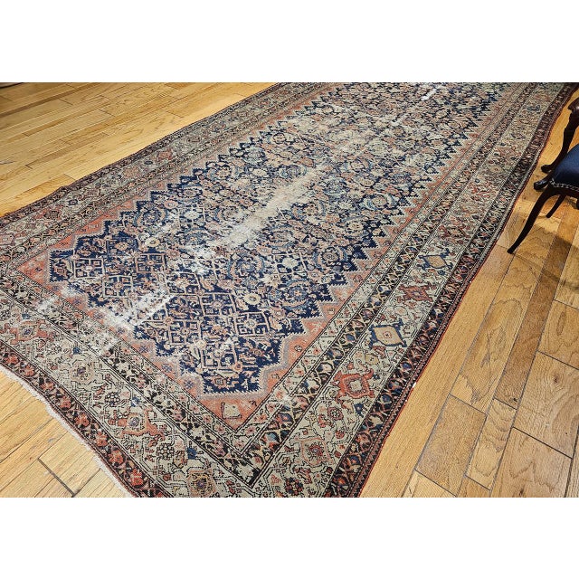 Antique Persian Malayer Gallery Rug, Hand-Knotted Wool, Geometric Pattern, 7x15, Blue & Ivory For Sale In Chicago - Image 6 of 18