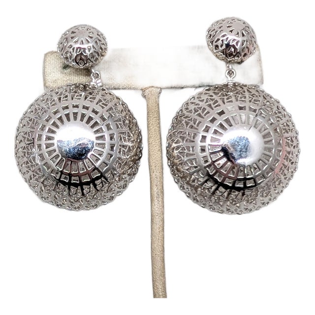 Vintage 1955 Signed Crown Trifari "Mandalay" Rhodium Plated Filigree Drop Clip Earrings-2 Pieces For Sale